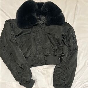 Black Bomber Jacket with Faux Fur Collar
